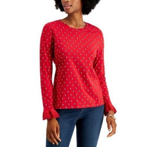 Charter Club Petite Heart-Print Ruffle-Cuff Top Ravishing Red Combo PS - Picture 1 of 1